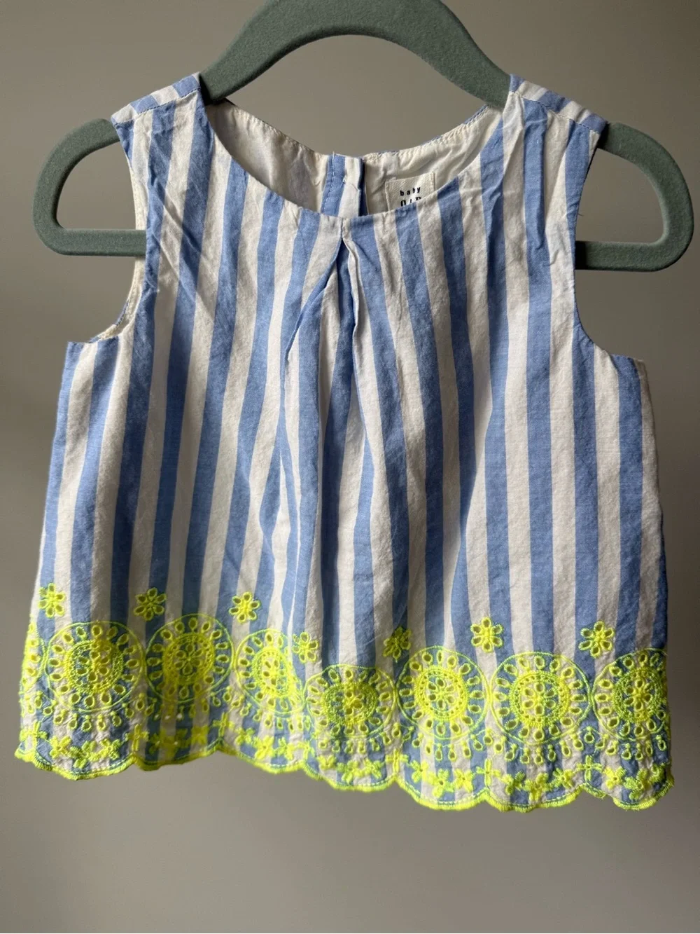 GAP Blue and White Striped Sleeveless Top with Neon Yellow Embroidery